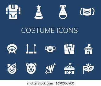 costume icon set. 14 filled costume icons.  Simple modern icons such as: Tunic, Party hat, Mask, Clown, Headdress, Trapeze, Circus, Suit, Eye mask