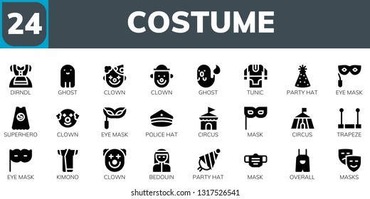  costume icon set. 24 filled costume icons.  Simple modern icons about  - Dirndl, Ghost, Clown, Tunic, Party hat, Eye mask, Superhero, Police hat, Circus, Mask, Trapeze, Kimono