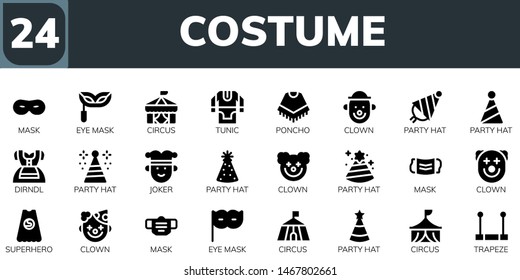 costume icon set. 24 filled costume icons.  Simple modern icons about  - Mask, Eye mask, Circus, Tunic, Poncho, Clown, Party hat, Dirndl, Joker, Superhero, Trapeze