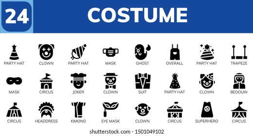 costume icon set. 24 filled costume icons.  Collection Of - Party hat, Clown, Mask, Ghost, Overall, Trapeze, Circus, Joker, Suit, Bedouin, Headdress, Kimono, Eye mask, Superhero