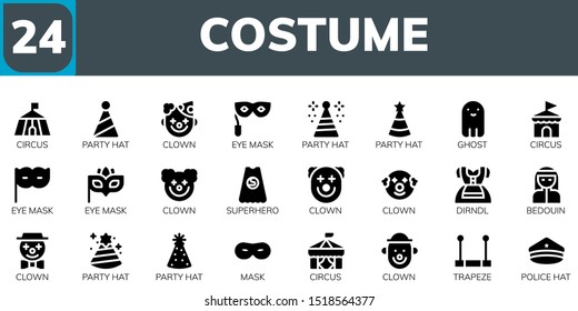 costume icon set. 24 filled costume icons.  Simple modern icons about  - Circus, Party hat, Clown, Eye mask, Ghost, Superhero, Dirndl, Bedouin, Mask, Trapeze, Police hat