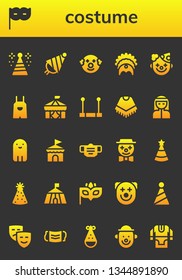 costume icon set. 26 filled costume icons.  Simple modern icons about  - Party hat, Eye mask, Clown, Headdress, Overall, Circus, Trapeze, Poncho, Bedouin, Ghost, Mask, Masks, Tunic