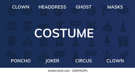  costume icon set. 32 filled costume icons. on blue background style Simple modern icons about  - Clown, Headdress, Ghost, Masks, Poncho, Joker, Circus, Overall, Mask, Bedouin