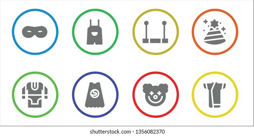 costume icon set. 8 filled costume icons.  Collection Of - Mask, Tunic, Overall, Superhero, Trapeze, Clown, Party hat, Kimono