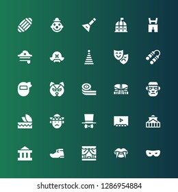 costume icon set. Collection of 25 filled costume icons included Mask, Vampire, Theater, Leprechaun shoe, Costume, Mariachi, Headdress, Frankenstein, Indonesia, Belts candy, Nunchaku