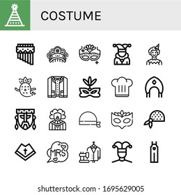 costume icon set. Collection of Fun hat, Zampona, Kokoshnik, Carnival mask, Joker, Clown, Ghost, Suit, Eye mask, Chef hat, Mask, Bandana, Mantle, Mrs, Buffoon, Overall icons