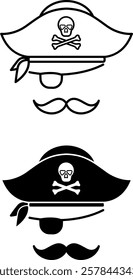 Costume Icons. Black and White Vector Icons. Pirate Hat with Skull and Crossbones. Eyepatch and Mustache. Party Wear. Brazilian Carnival Concept