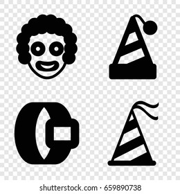 Costume icons set. set of 4 costume filled icons such as party hat, clown