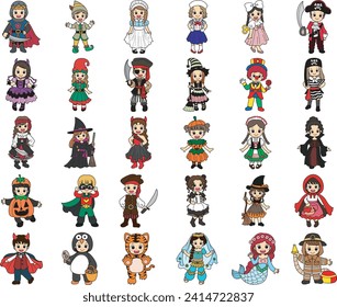 Costume for kids, suitable for holiday, sticker, event, etc. Kids cartoon characters flat icon set. Kids carnaval costume background. Different outfit for children carnival. Vector illustration.