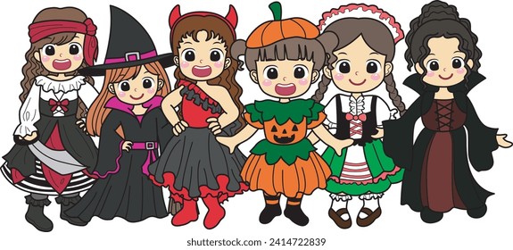 Costume for kids, suitable for holiday, sticker, event, etc. Kids cartoon characters flat icon set. Kids carnaval costume background. Different outfit for children carnival. Vector illustration.