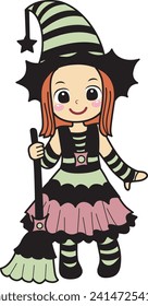 Costume for kids, suitable for holiday, sticker, event, etc. Kids cartoon characters flat icon set. Kids carnaval costume background.Witch outfit for children carnival. Witch kids costume illustration