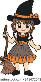 Costume for kids, suitable for holiday, sticker, event, etc. Kids cartoon characters flat icon set. Kids carnaval costume background. Witch outfit for children carnival. Witch kids costume with broom.