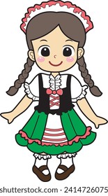 Costume for kids, suitable for holiday, sticker, event, etc. Kids cartoon characters flat icon set. Kids carnaval costume background. Maid outfit for children carnival. Maid girl kids costume.