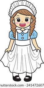 Costume for kids, suitable for holiday, sticker, event, etc. Kids cartoon characters flat icon set. Kids carnaval costume background. Vintage outfit for children carnival. Vintage girl kids costume.