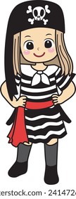 Costume for kids, suitable for holiday, sticker, event, etc. Kids cartoon characters flat icon set. Kids carnaval costume background. Pirate outfit for children carnival. Pirate girl kids costume.
