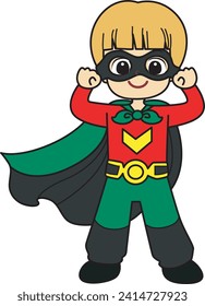 Costume for kids, suitable for holiday, sticker, event, etc. Kids cartoon characters flat icon set. Kids carnaval costume background. Flash outfit for children carnival. Superman kids costume.