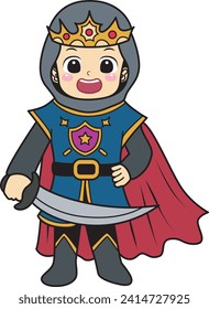 Costume for kids, suitable for holiday, sticker, event, etc. Kids cartoon characters flat icon set. Kids carnaval costume background. Armor outfit for children carnival. Armor boy with sword costume.