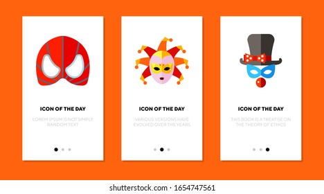 Costume mask flat icon set. Party, masquerade, fun isolated vector sign pack. Holiday and entertainment concept. Vector illustration symbol elements for web design and apps