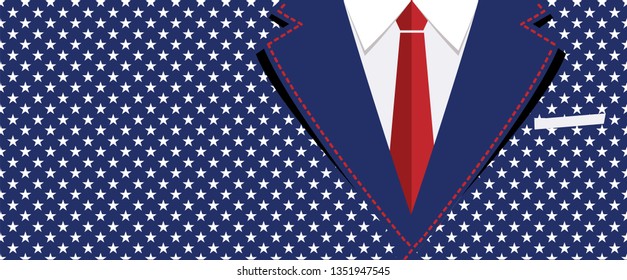Costume necktie man USA flag style pattern stars blue background star stars pattern vector fun funny 4th july american Independence Memorial Veterans day American America Impeachment super tuesday