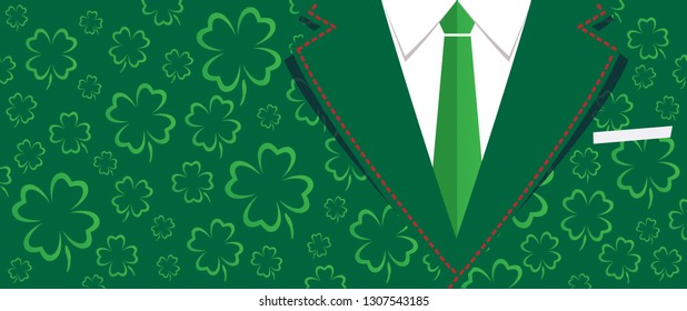 Costume necktie men day. Clovers Leave four leaf clover leaves love. Vector icon Irish Shamrock Happy St Patrick's Day or St paddy's day pattern. Saint Patricks day.