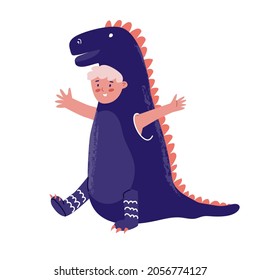 Costume New Year party for Children. Boy in festive costume dinosaurs celebrate holiday. Flat style in vector illustration. Having fan, playing, christmas, birthday, halloween, trick or treat. 