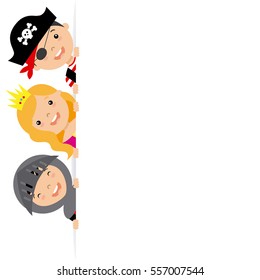costume party card. Pirate, warrior and princess with poster.