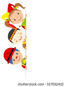 costume party card. Pirate, warrior and princess with poster.