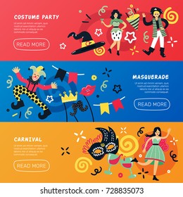 Costume party doodle banners collection with drawn style people characters decorations text and read more button vector illustration