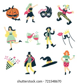 Costume party doodle collection of isolated human figures and masquerade fancy dress elements of character clothes vector illustration