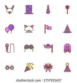 Costume party filled outline icons set, line vector symbol collection, linear colorful pictogram pack. Signs, logo illustration, Set includes icons as eye glasses, magic wand, bunny ears, face mask