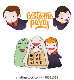 Costume party - Halloween party hand drawn lettering and sketch card with children dressed in a vampire costume, ghosts, zombies. Fun illustration for t-shirt print, banner, flyer, poster design