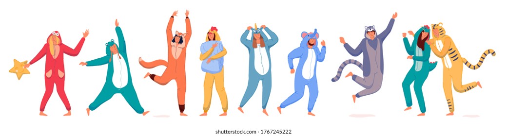 Costume party. Happy people wearing animal costume onesies set. Young men and women cartoon characters in kigurumi dancing, jumping and having fun at pajama party collection