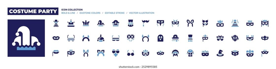 Costume party icon collection. Bold style. Duotone colors. cowboy, joker hat, mask, fun glasses, devil, joker, lips, eye mask, headband, cat mask.