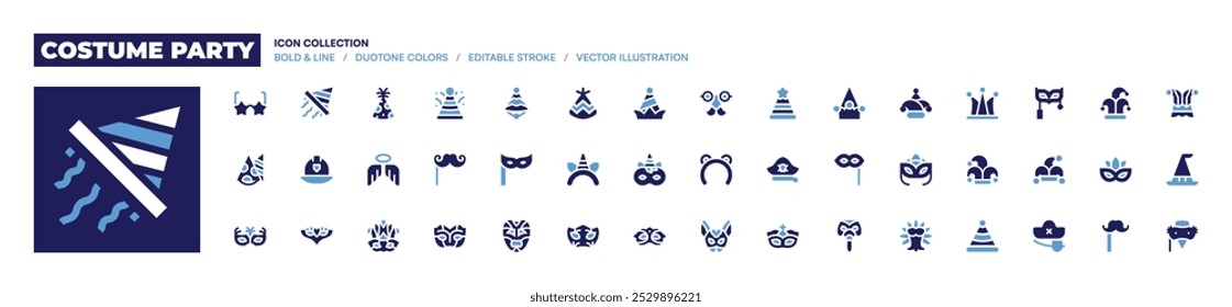 Costume party icon collection. Bold style. Duotone colors. party glasses, party hat, firefighter helmet, angel, mustache, eye mask, carnival mask.