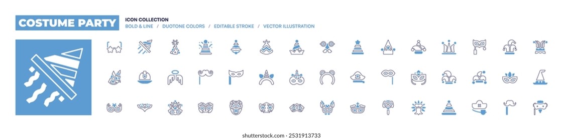 Costume party icon collection. Bold line style. Duotone colors. Editable stroke. party hat, party glasses, eye mask, headband, unicorn, bear, pirate hat, carnival mask.