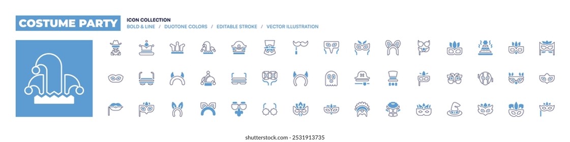 Costume party icon collection. Bold line style. Duotone colors. Editable stroke. mask, eye mask, headdress, dress, moustache, carnival mask, rabbit, costume.