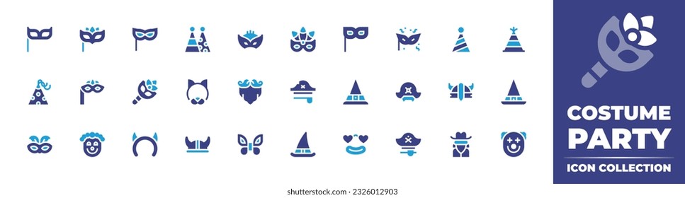 Costume party icon collection. Duotone color. Vector illustration. Containing mask, eye, party hat, carnival, hat, party mask, cat mask, mustache, pirate hat, witch, helmet, clown.