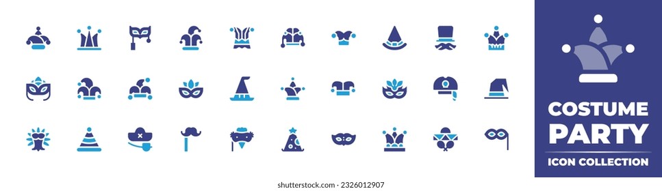 Colección de iconos de fiesta de disfraces. Color de duotona. Ilustración vectorial. Con sombrero, sombrero de payaso, mascarada, bromista, sombrero de bufón, bruja, cumpleaños y fiesta, máscara, bufón, bruja, bufón.