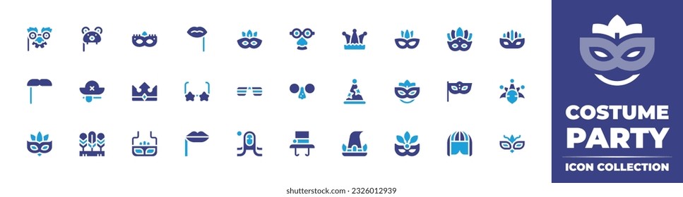 Costume party icon collection. Duotone color. Vector illustration. Containing disguise, mask, lips, eye mask, glasses, joker, mustaches, pirate, crown, star glasses, fun glasses, birthday, carnival.