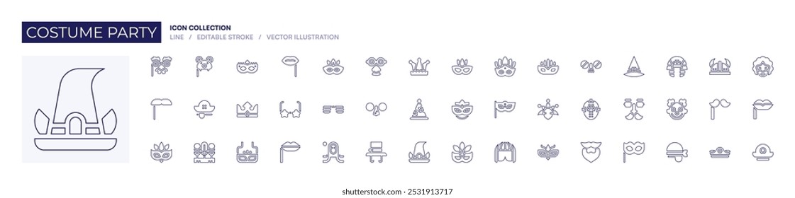 Costume party icon collection. Line style. Editable stroke. witch hat, pharaoh, viking, costume, carnival mask, pirate patch, pirate, pirate hat.