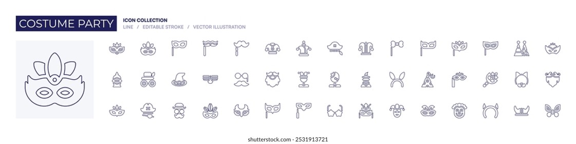 Costume party icon collection. Line style. Editable stroke. mask, eye, party hat, party, cat mask, mustache, clown mask, devil, viking helmet, fairy.