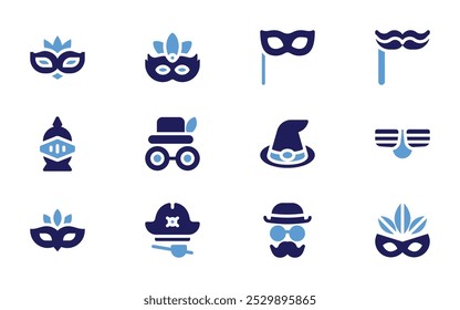 Costume party icon set. Bold style. Duotone colors. mask, pirate hat, costume, party mask, carnival mask, eye mask, moustache, knight, carnival.