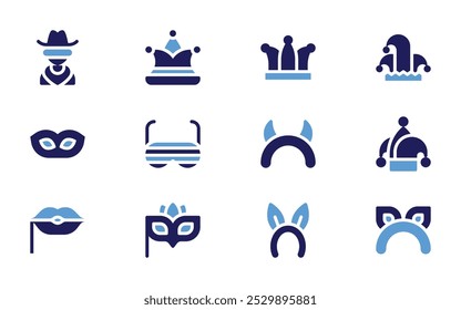 Costume party icon set. Bold style. Duotone colors. cowboy, joker hat, mask, fun glasses, devil, joker, lips, eye mask, headband, cat mask.