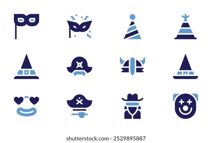 Costume party icon set. Bold style. Duotone colors. mask, hat, party hat, witch, pirate hat, helmet, costume, gangster, clown.