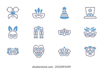 Costume party icon set. Bold line style. Duotone colors. Editable stroke. costume, rabbit mask, cleopatra, carnival mask, pirate patch, pirate, pirate hat, joker hat.