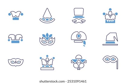 Costume party icon set. Bold line style. Duotone colors. Editable stroke. hat, witch hat, birthday and party, joker hat, moustache, carnival mask, cowboy, pirate hat, leprechaun.