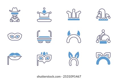 Costume party icon set. Bold line style. Duotone colors. Editable stroke. hat, eye mask, pirate hat, witch hat, costume, mask, fun glasses, devil, joker, glasses.