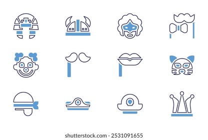 Costume party icon set. Bold line style. Duotone colors. Editable stroke. pharaoh, viking, costume, party mask, party hat, rabbit mask, cleopatra, carnival mask.