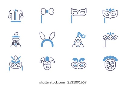 Costume party icon set. Bold line style. Duotone colors. Editable stroke. mask, pirate hat, costume, party mask, eye, star glasses, carnival, carnival, clown mask.