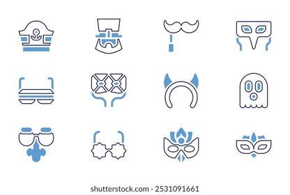 Costume party icon set. Bold line style. Duotone colors. Editable stroke. mask, minstrel, mexican, eye mask, lips, headband, cat mask, nose, star glasses.